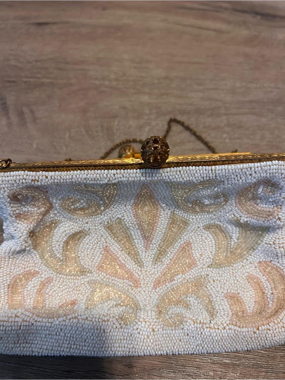 Walborg Vintage Beaded Evening Clutch Purse Ivory Pastel Swirl Gold Chain - Picture 6 of 11